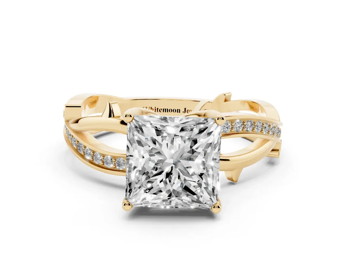 Princess Cut Solitaire Twist Band with Pavé Accents and Four-Prong Setting Yellow gold