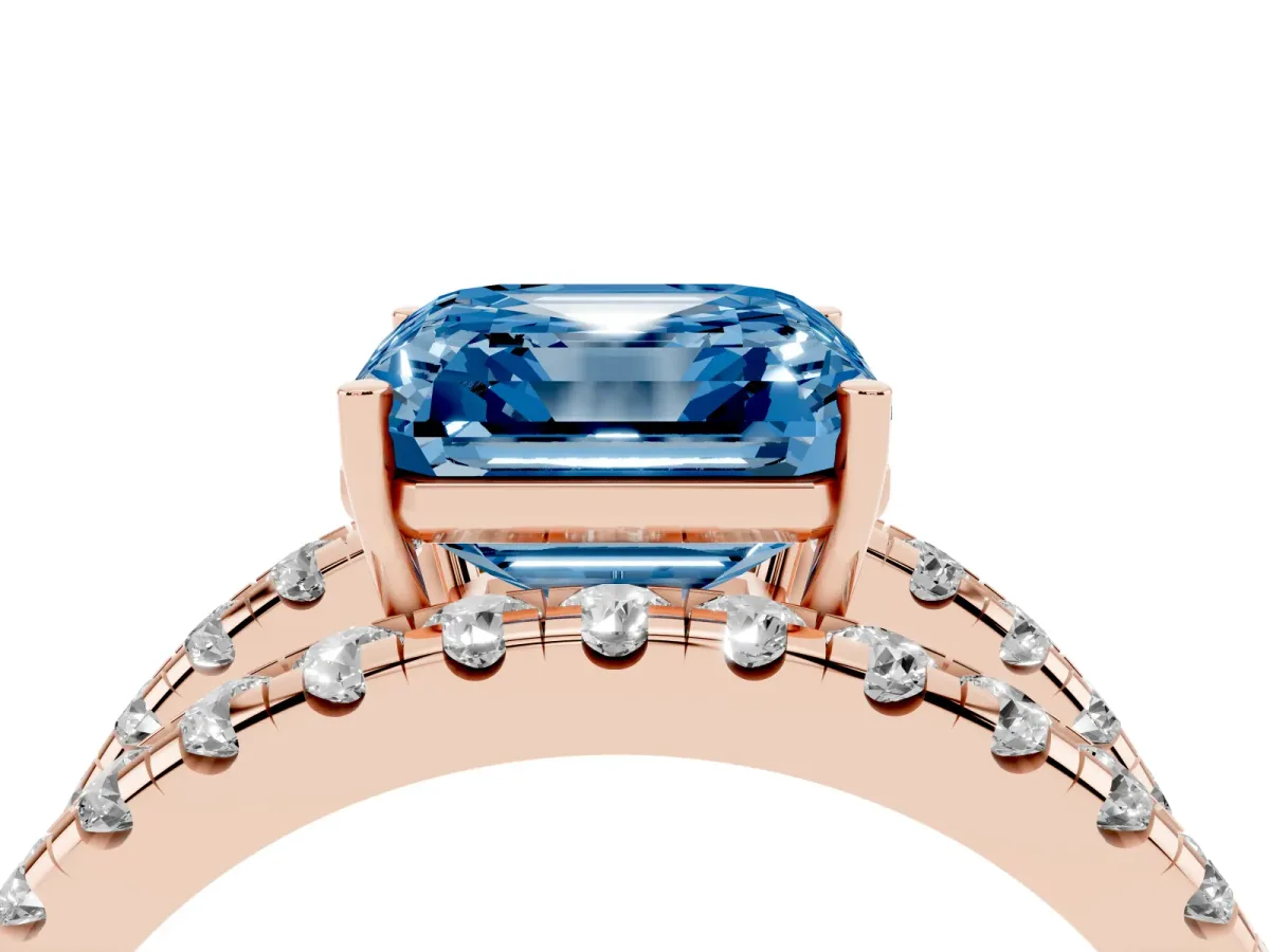 Fancy Blue Asscher Cut Solitaire Split Shank Pave Diamond Ring Rose gold