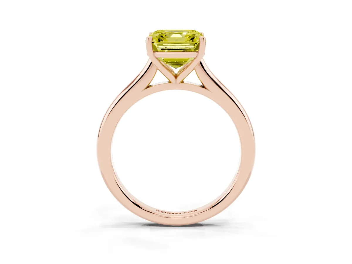 Fancy Yellow Asscher Cut Cut Solitaire Ring with Cathedral Band and Four-Prong Setting Rose gold