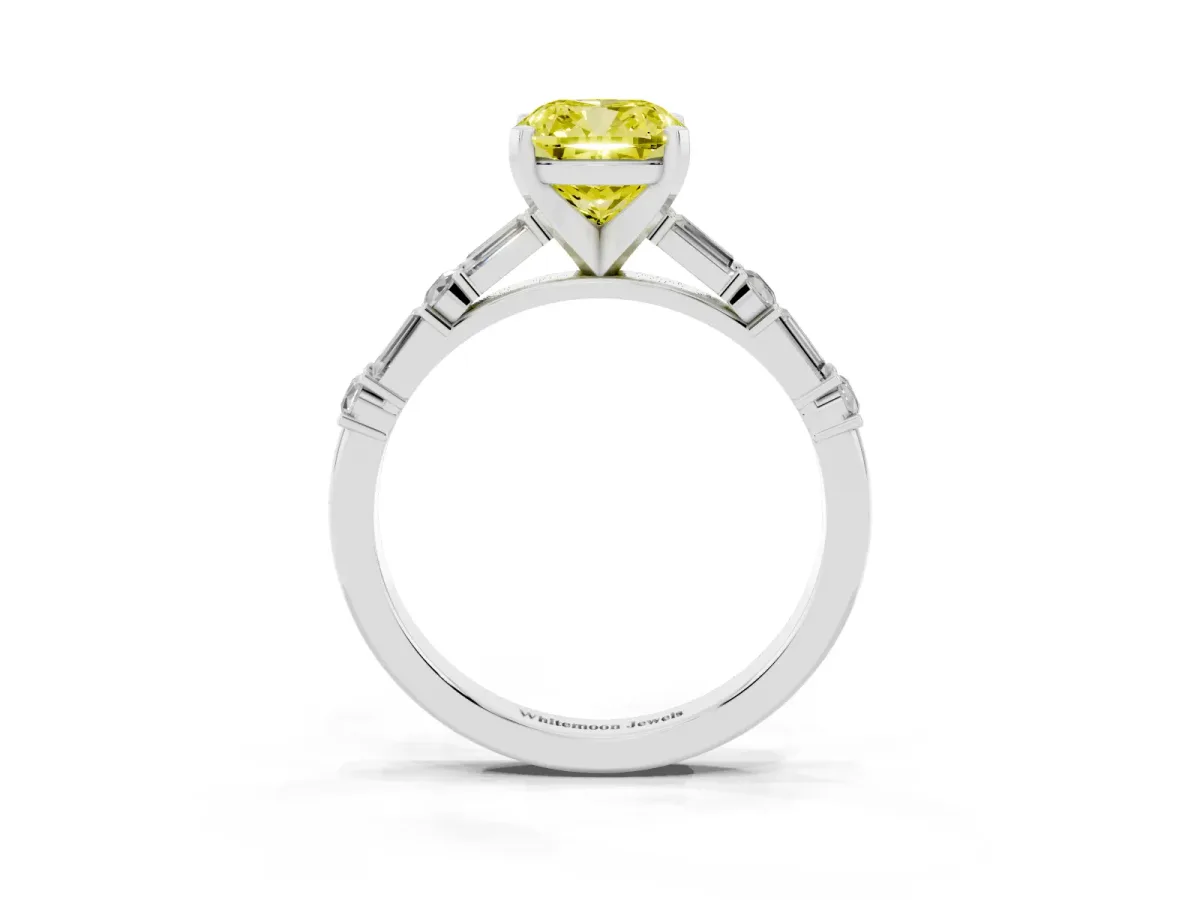 Fancy Yellow Cushion Cut Diamond Solitaire with Side Baguettes and Channel Set Band White gold