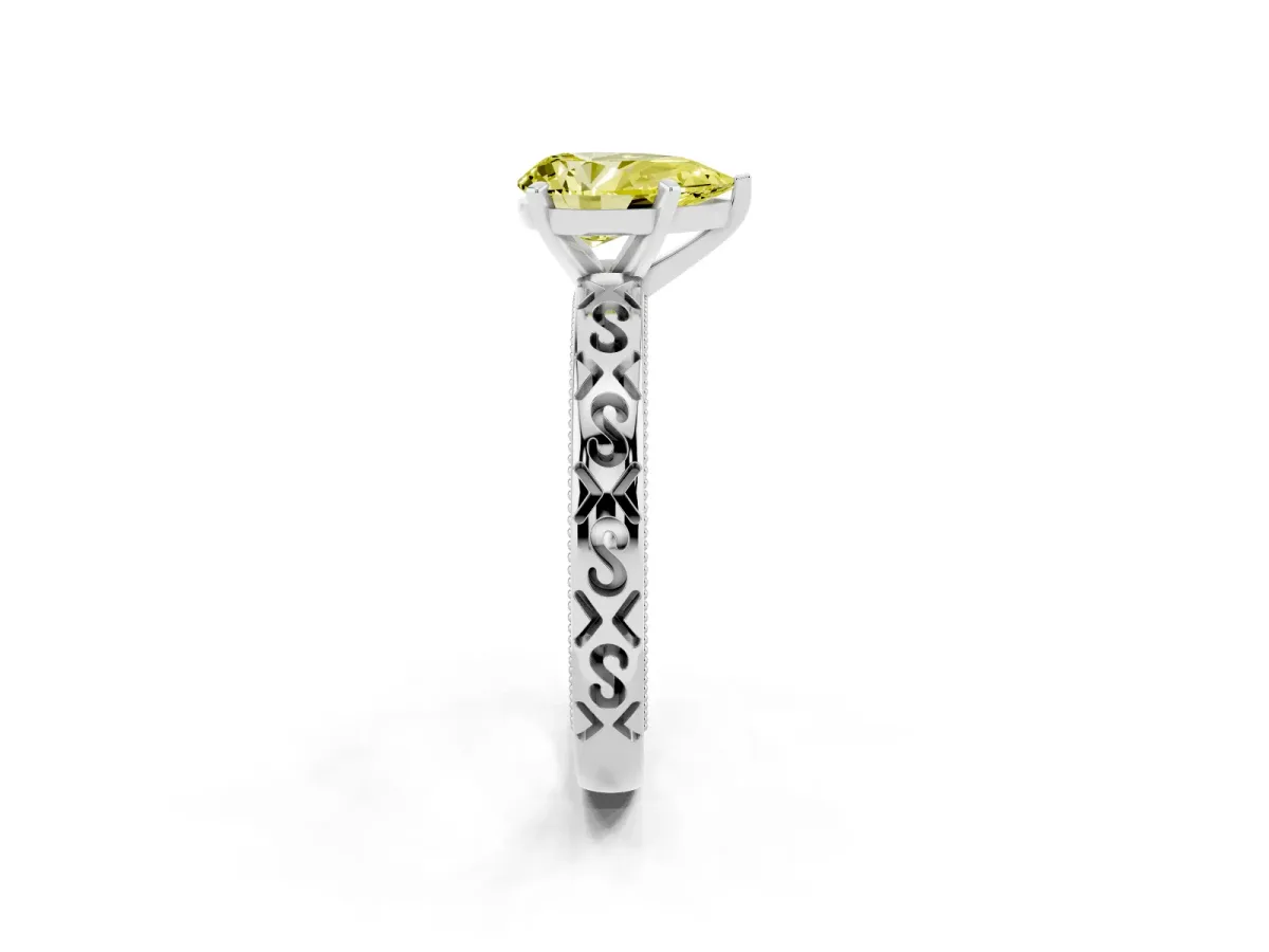 Fancy Yellow Pear Cut Solitaire Engagement Ring with Scrollwork Band and Four-Prong Setting Silver