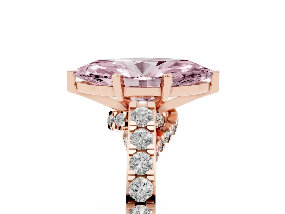 Fancy Pink Marquise Cut Diamond Solitaire Ring with Crossover Gallery and Round Pavé Band Rose gold