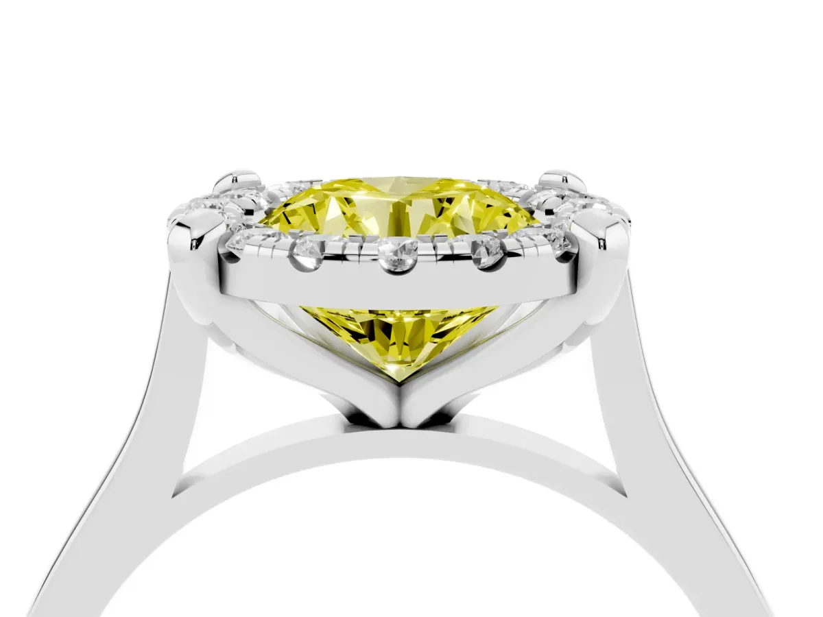 Fancy Yellow Round Cut Diamond Cluster Halo Solitaire with Four-Prong Setting Platinum