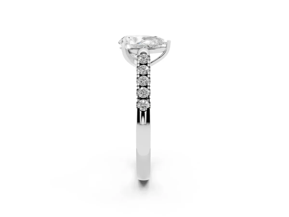Pear Cut Diamond Pavé Band Solitaire Ring with Prong Setting Silver