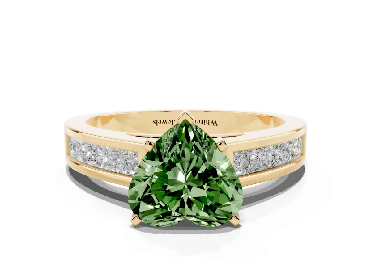 Fancy Green Heart Cut Solitaire Diamond Ring with Channel-Set Band and Four-Prong Setting Yellow gold