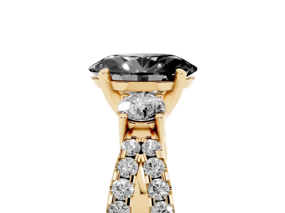 Fancy Black Oval Cut Diamond Three-Stone Ring with Pavé Split Shank and Four-Prong Setting Yellow gold