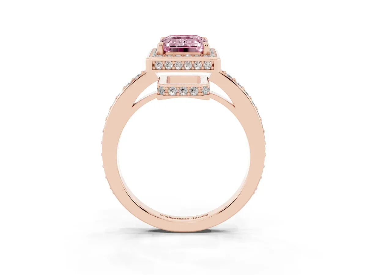Fancy Pink Emerald Cut Halo Pave Band Solitaire Ring with Prong Setting Rose gold