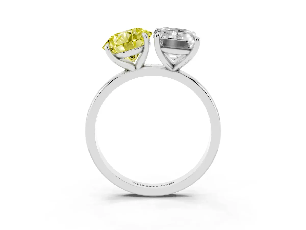 Fancy Yellow Round Cut and Emerald Cut Toi Moi Ring with Prong Setting Platinum