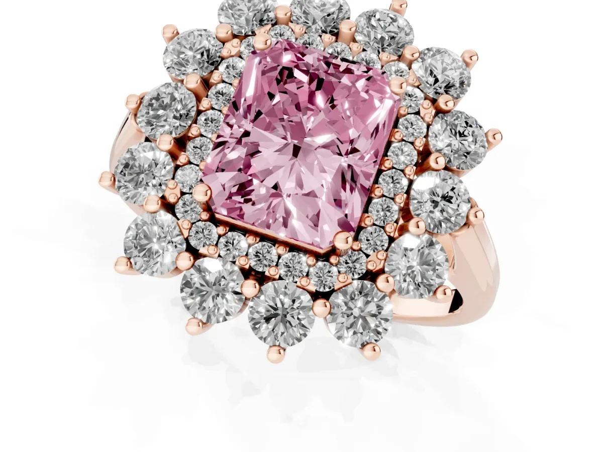Fancy Pink Radiant Cut Diamond Floral Double Halo Engagement Ring with Prong Setting Rose gold