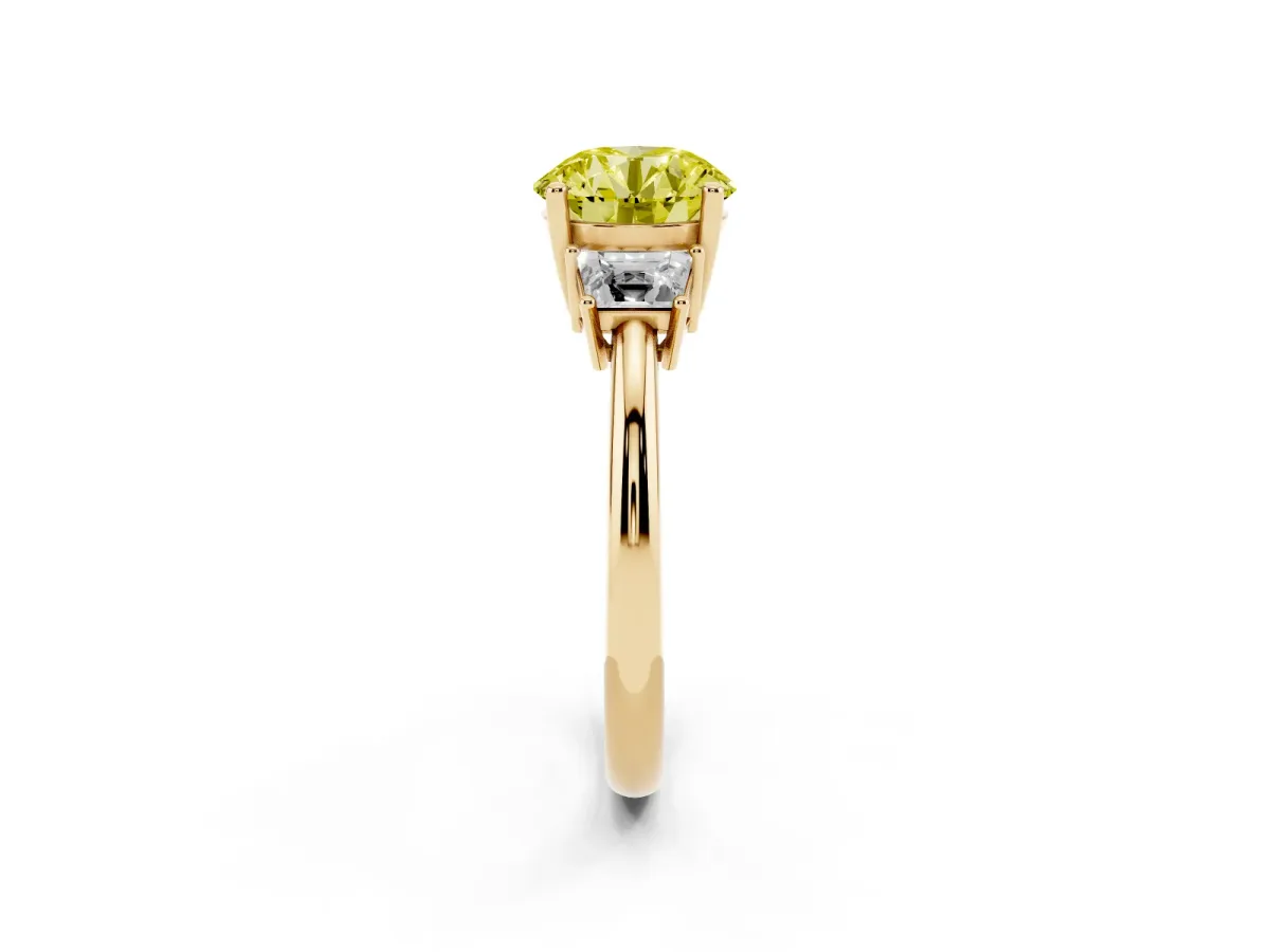 Fancy Yellow Round Cut Diamond Three-Stone Ring with Trapezoid Side Stones and Prong Setting Yellow gold