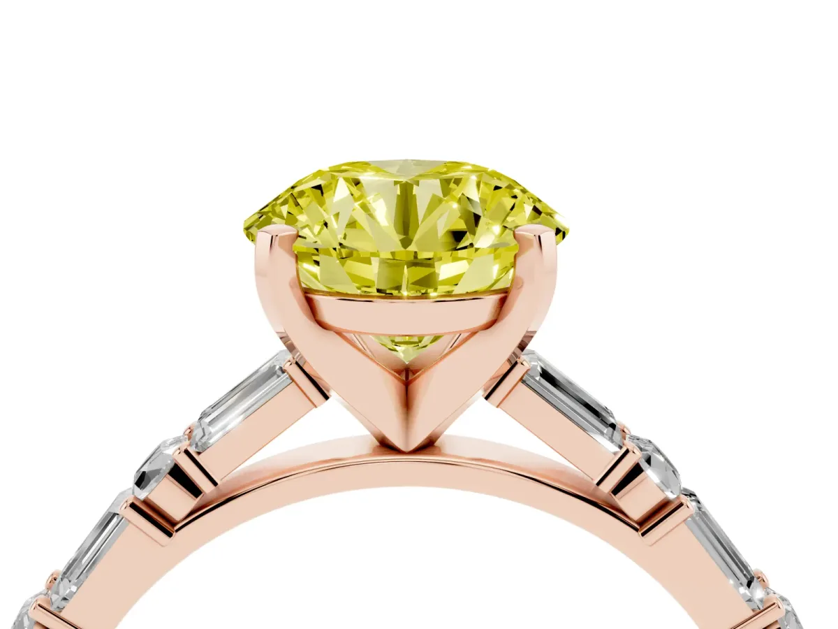 Fancy Yellow Round Cut Diamond Solitaire with Side Baguettes and Channel Set Band Rose gold