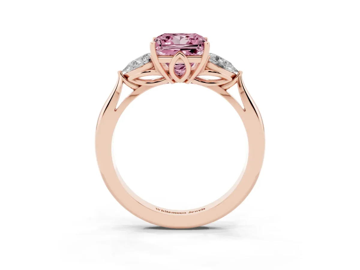 Fancy Pink Princess Cut Diamond Three-Stone Ring with Pear Side Stones and Prong Setting Rose gold