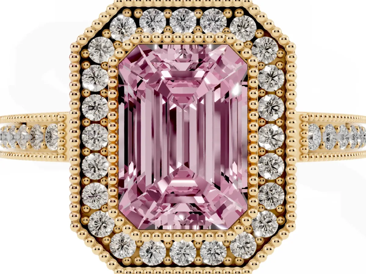 Fancy Pink Emerald Cut Cut Halo Diamond Ring with Pavé Band and Milgrain Prong Setting Yellow gold