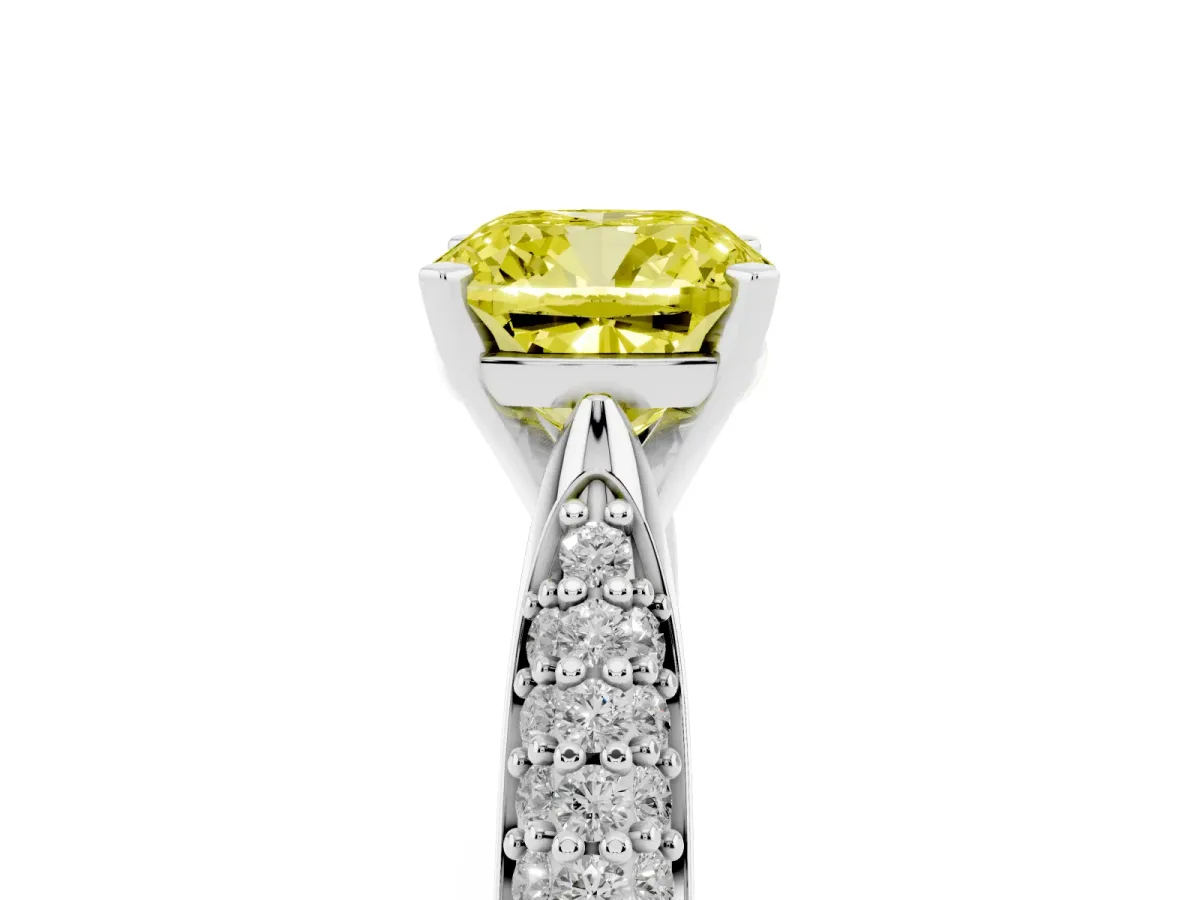 Fancy Yellow Cushion Cut Diamond Solitaire Engagement Ring with Multi-Row Round Pavé Band and Prong Setting Silver