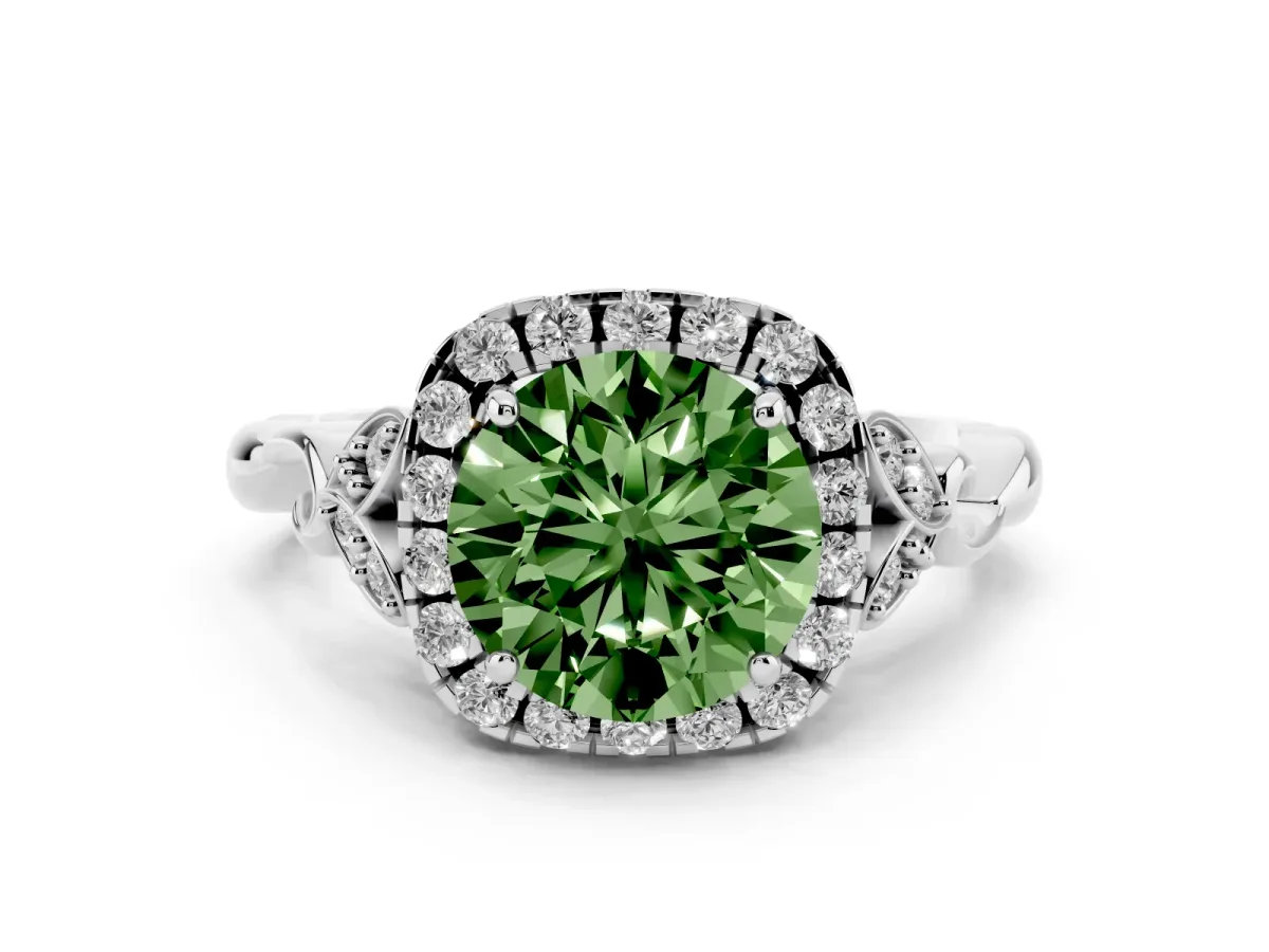 Fancy Green Round Cut Halo Diamond Engagement Ring with Vintage-Inspired Band and Four-Prong Setting Silver