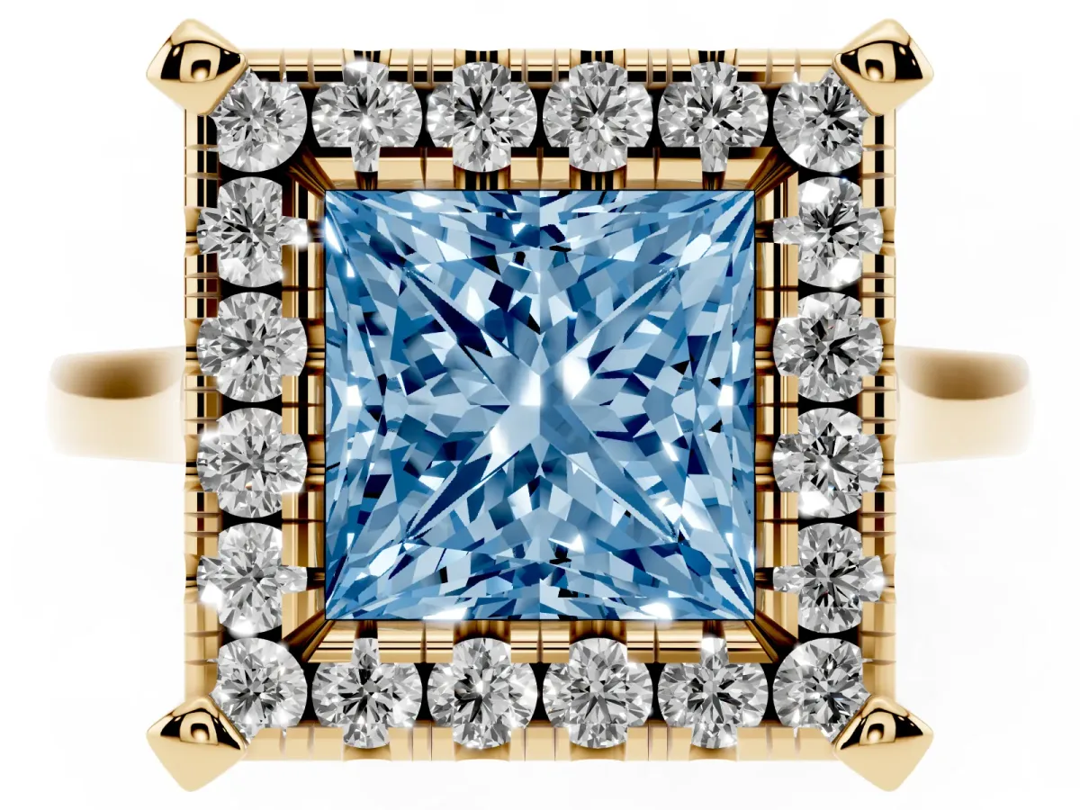 Fancy Blue Princess Cut Diamond Cluster Halo Solitaire with Four-Prong Setting Yellow gold