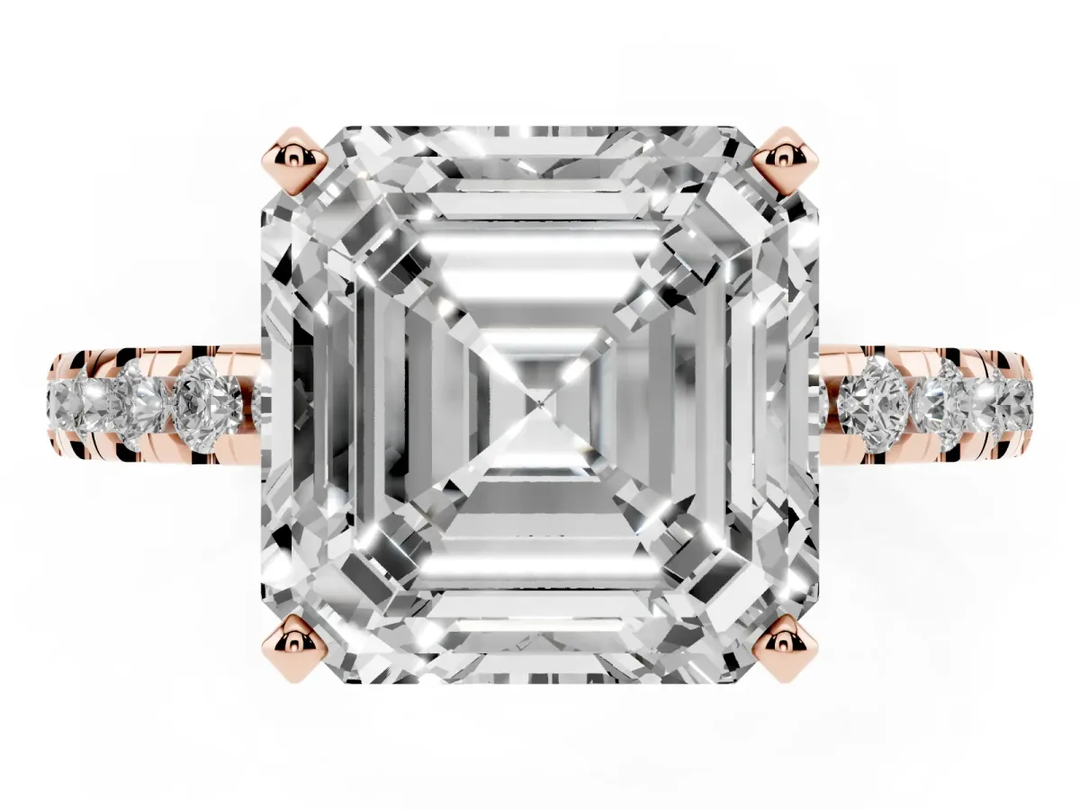 Asscher Cut Diamond Solitaire Ring with Round Pavé Band and Four-Prong Setting Rose gold