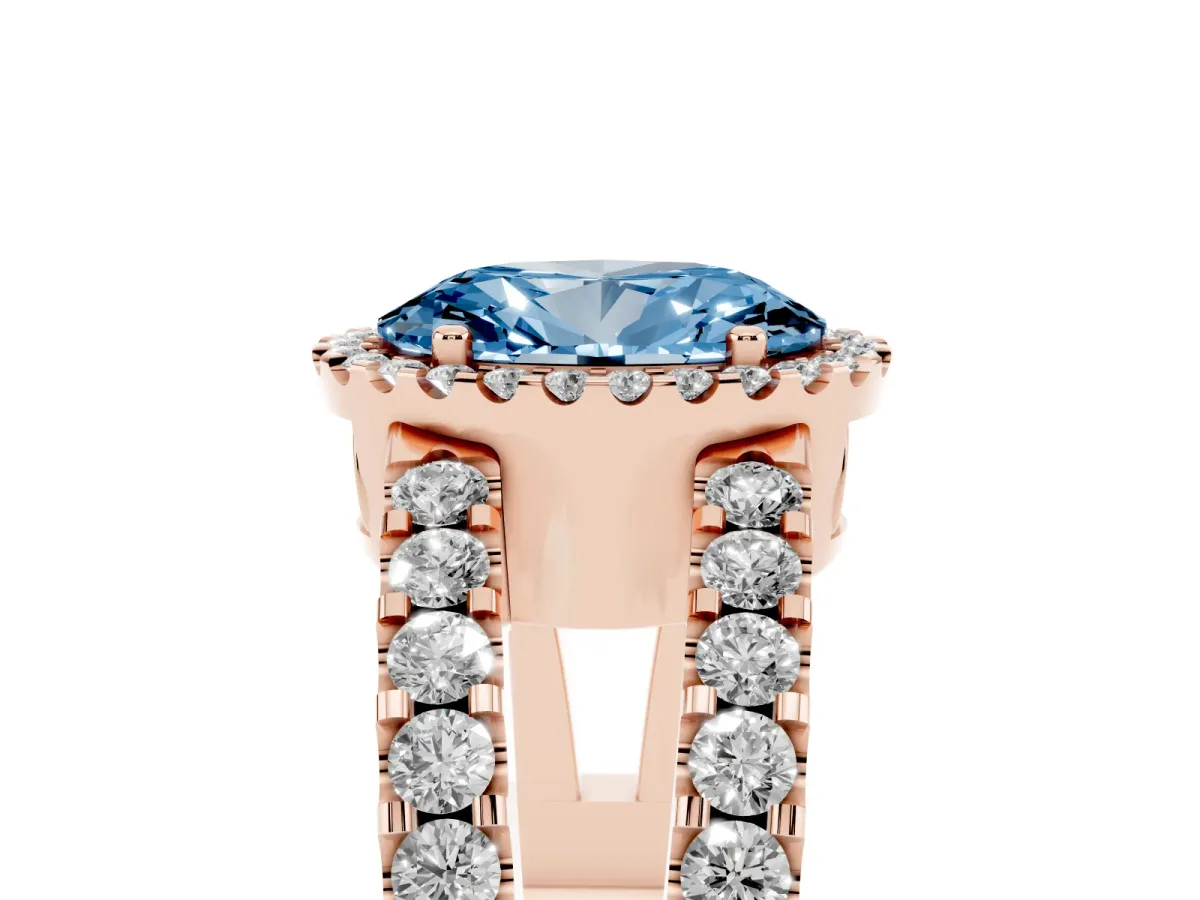Fancy Blue Oval Cut Cut Halo Split Shank Diamond Ring with Four-Prong Setting Rose gold