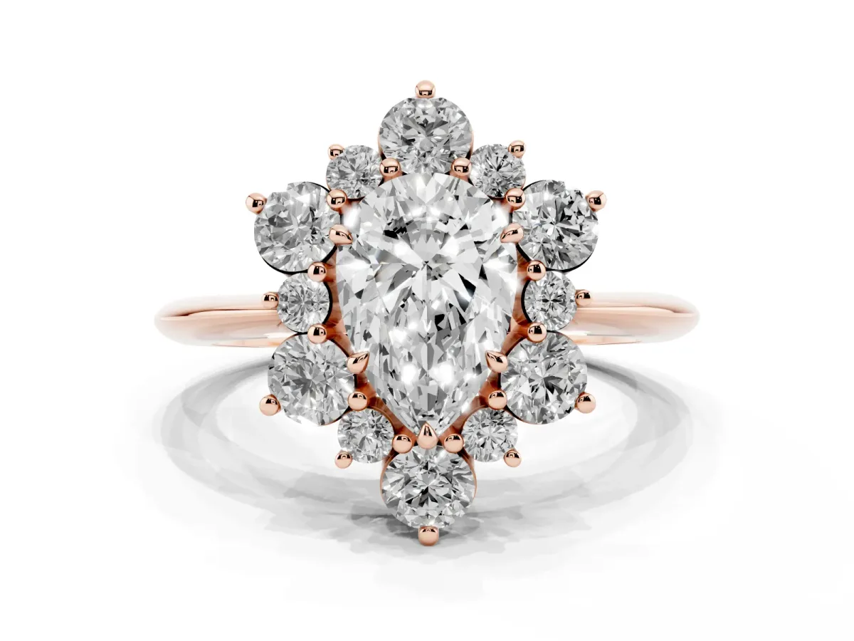 Pear Cut Diamond Cluster Halo Ring with Solitaire Band and Four-Prong Setting Rose gold