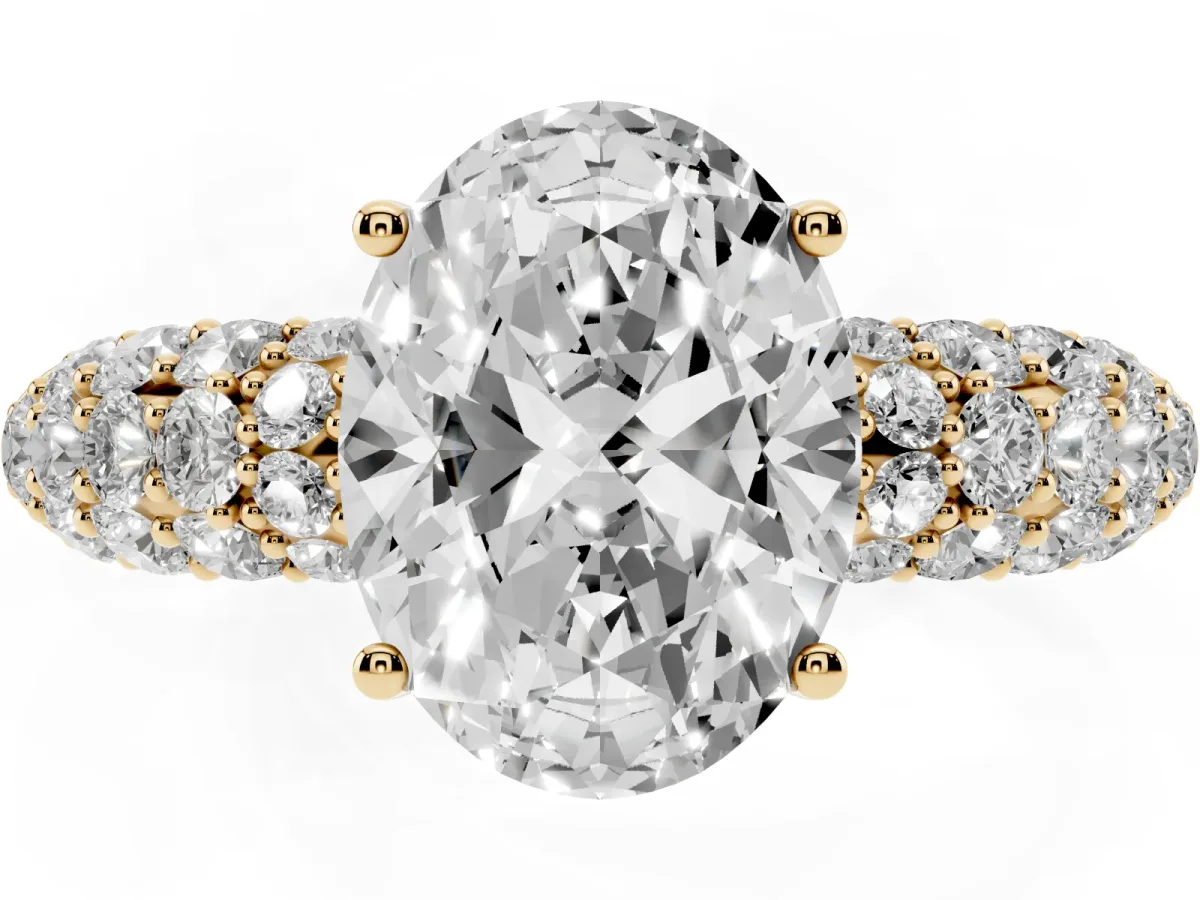 Oval Cut Diamond Pavé Band Solitaire Ring with Four-Prong Setting Yellow gold