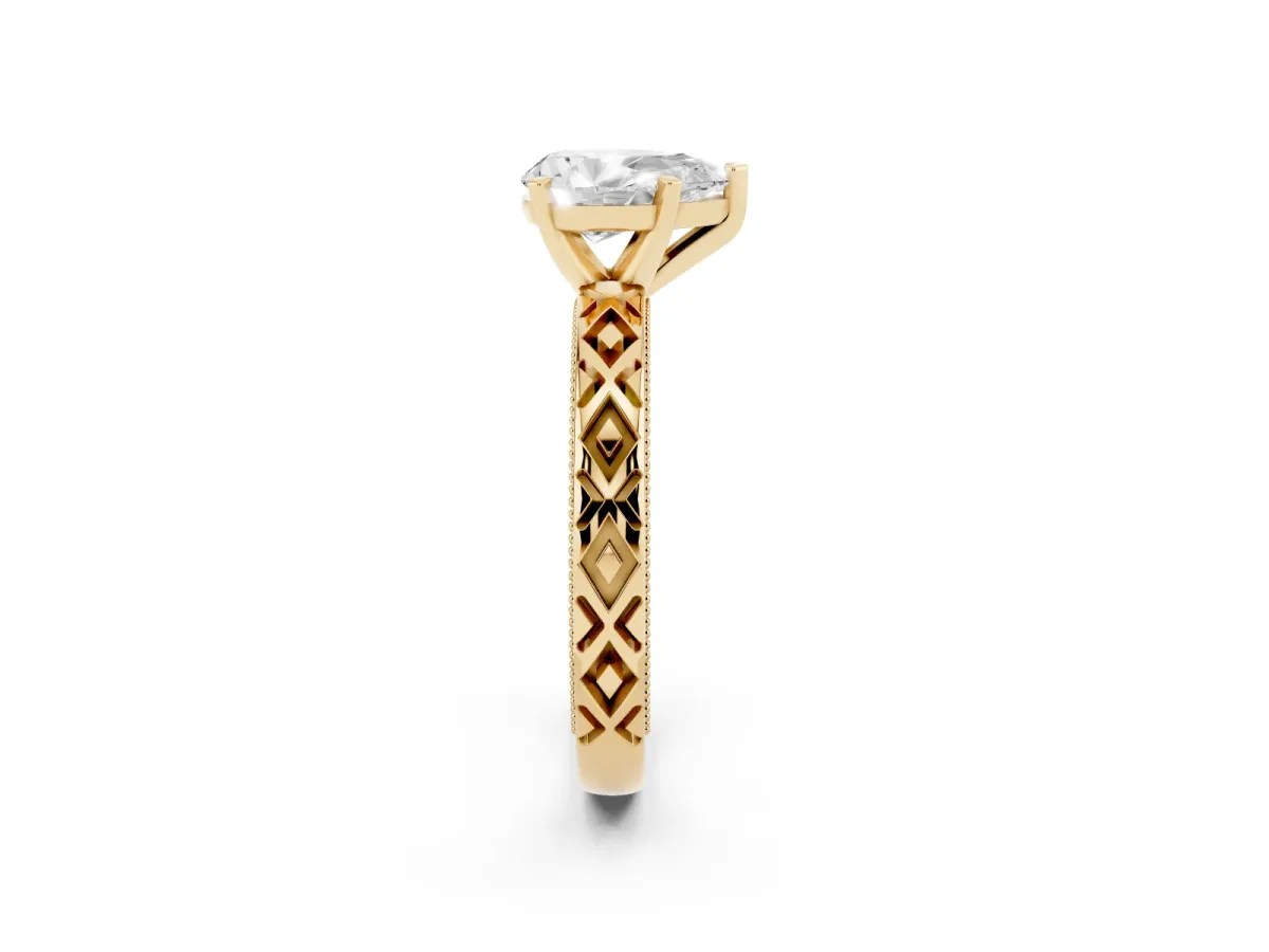 Pear Cut Solitaire Diamond Ring with Milgrain and Black Enamel X Pattern Band Yellow gold