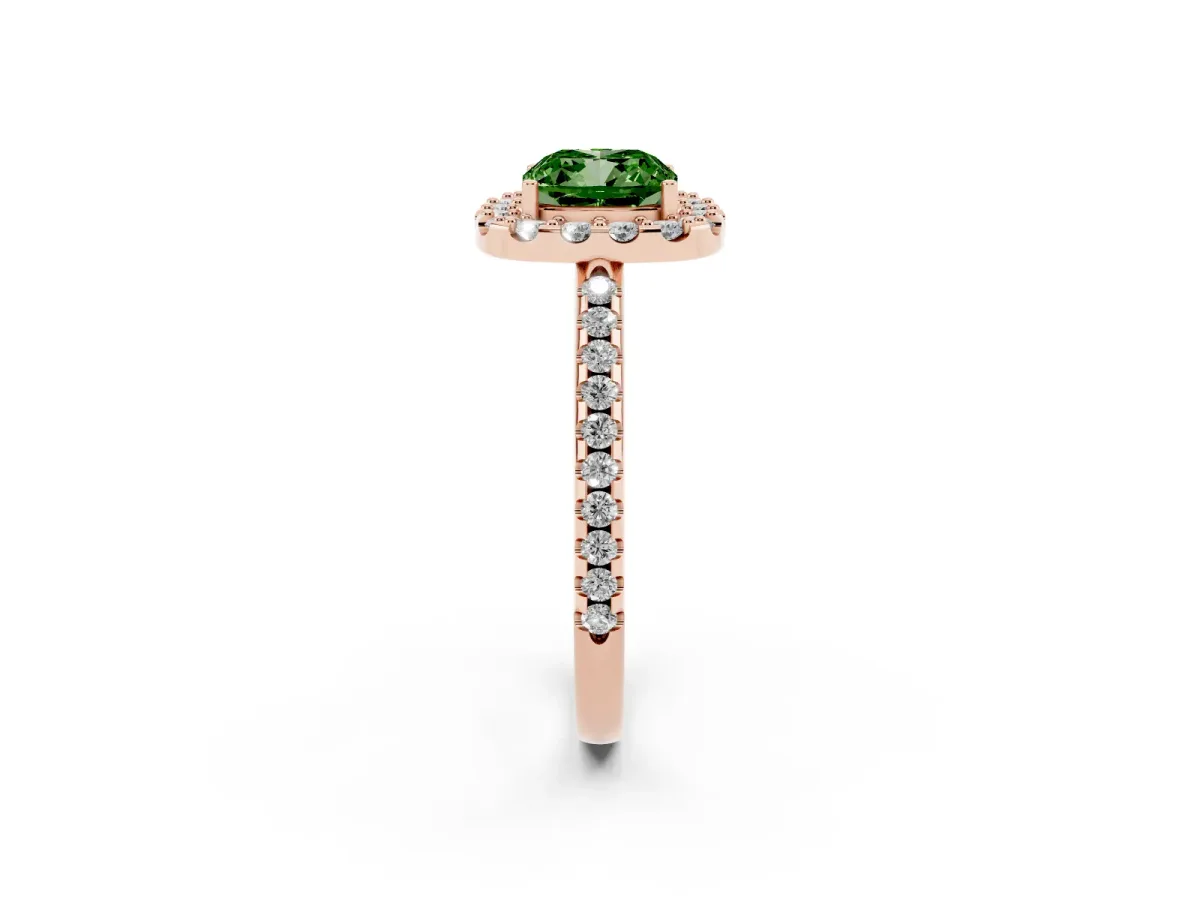 Fancy Green Cushion Cut Diamond Pavé Halo Ring with Four-Prong Setting Rose gold