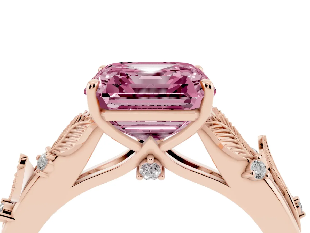 Fancy Pink Asscher Cut Diamond Solitaire Ring with Leaf Motif Band and Four-Prong Setting Rose gold