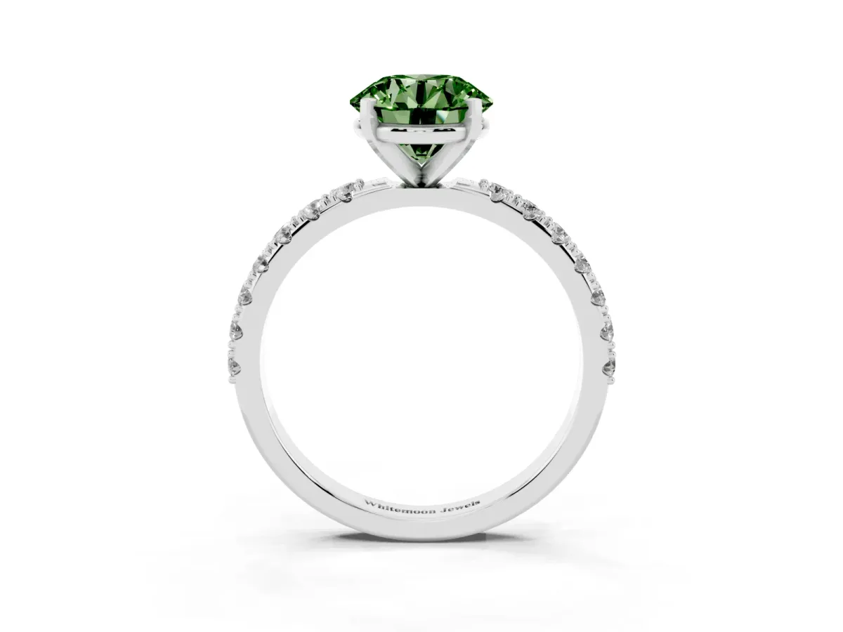 Fancy Green Round Cut Diamond Solitaire Pavé Band with Four-Prong Setting Silver
