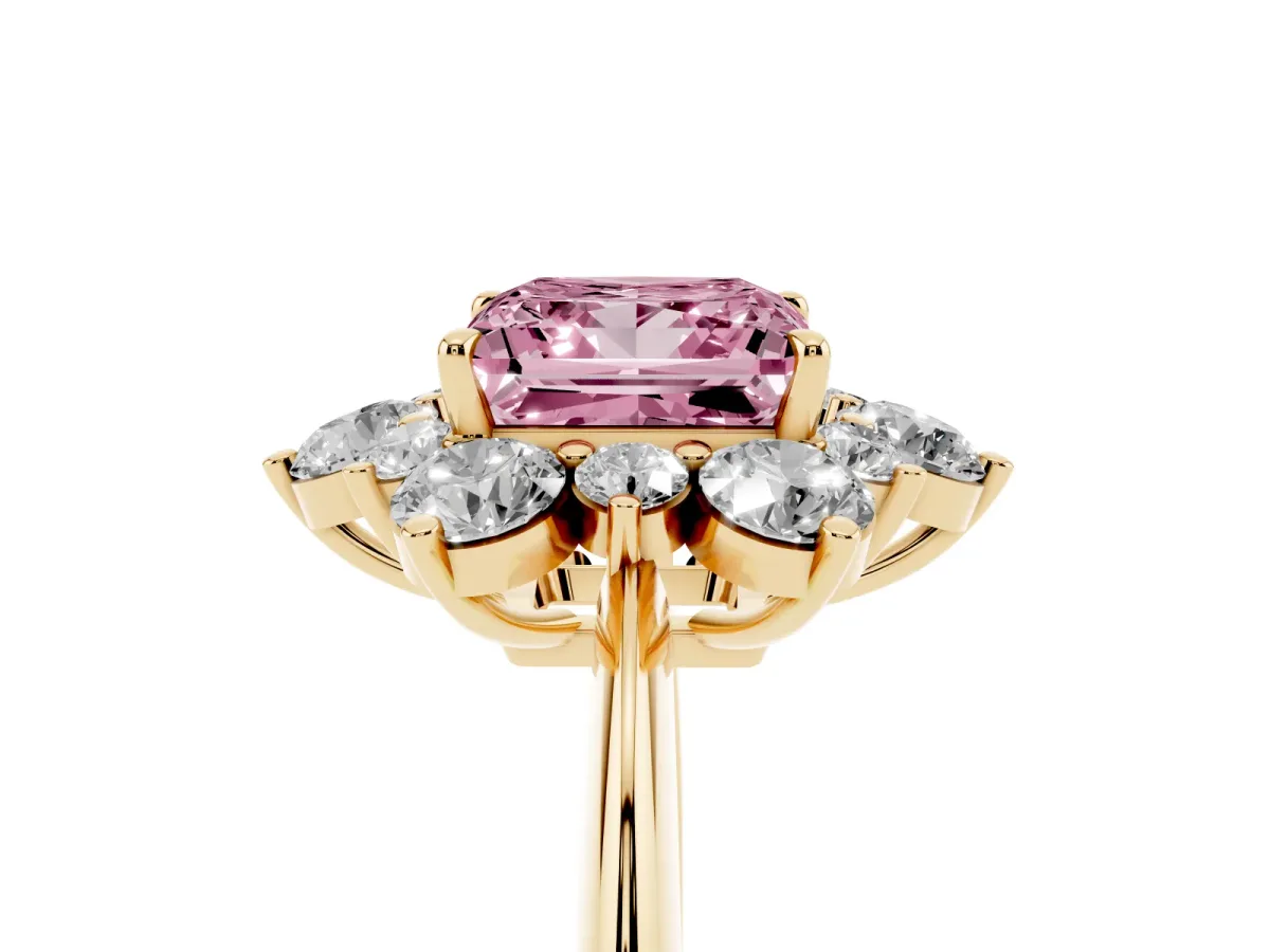 Fancy Pink Princess Cut Diamond Cluster Halo Ring with Solitaire Band and Four-Prong Setting Yellow gold
