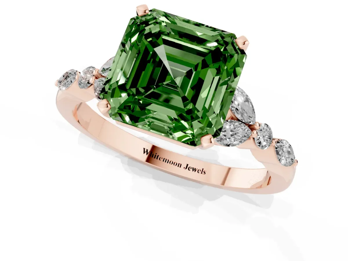 Fancy Green Asscher Cut Diamond Solitaire Ring with Side Stones and Four-Prong Setting Rose gold