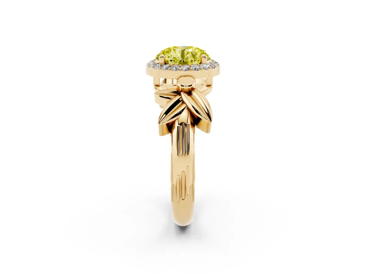 Fancy Yellow Round Cut Halo Diamond Floral Band with Four-Prong Setting Yellow gold