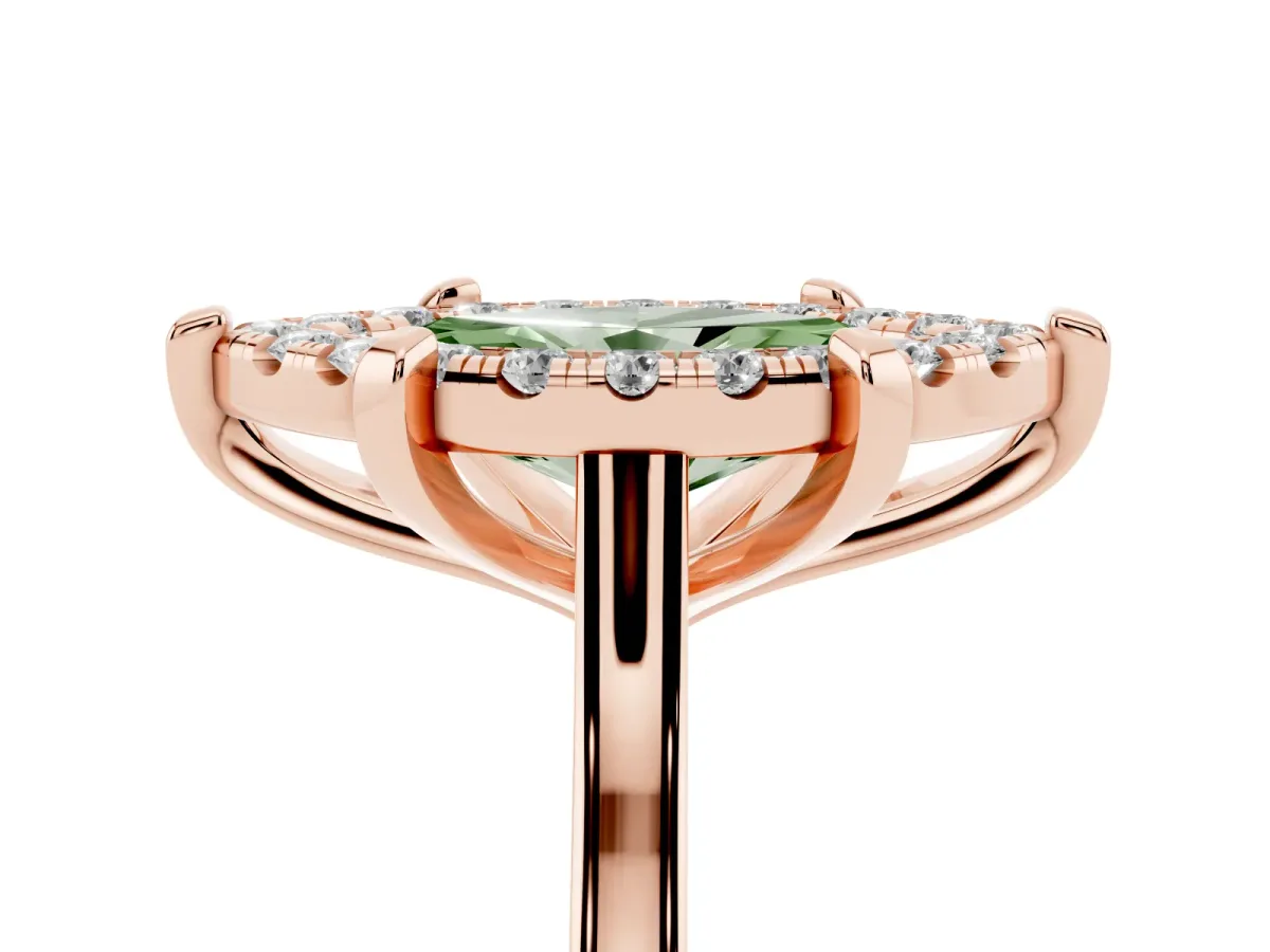 Fancy Green Marquise Cut Diamond Cluster Halo Solitaire with Four-Prong Setting Rose gold