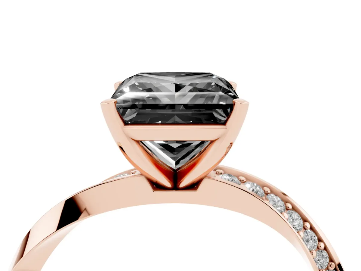 Fancy Black Princess Cut Diamond Engagement Ring with Side Stone Accents and Four-Prong Setting Rose gold