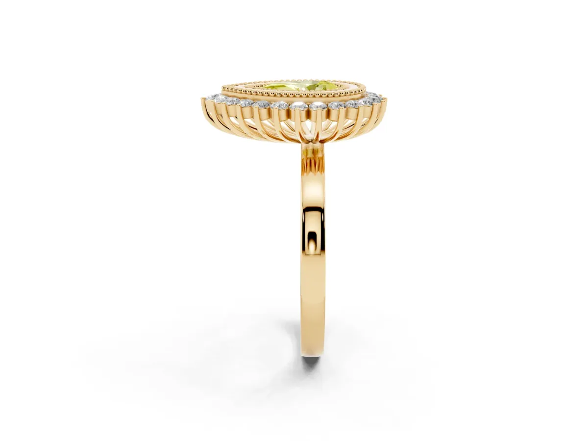 Fancy Yellow Pear Cut Halo Diamond Ring with Milgrain Edge and Round Prong Setting Yellow gold