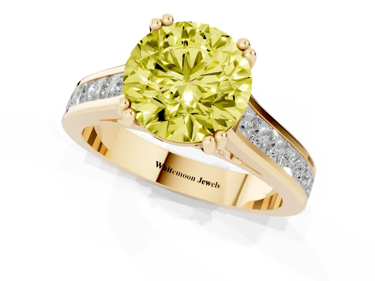 Fancy Yellow Round Cut Cut Channel Set Solitaire Engagement Ring with Prong Setting Yellow gold