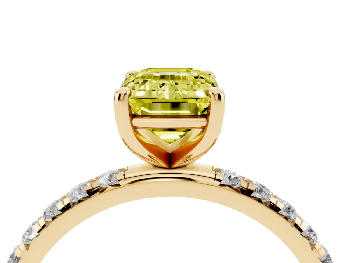 Fancy Yellow Emerald Cut Cut Diamond Solitaire Ring with Micro Pave Band and Four Prong Setting Yellow gold