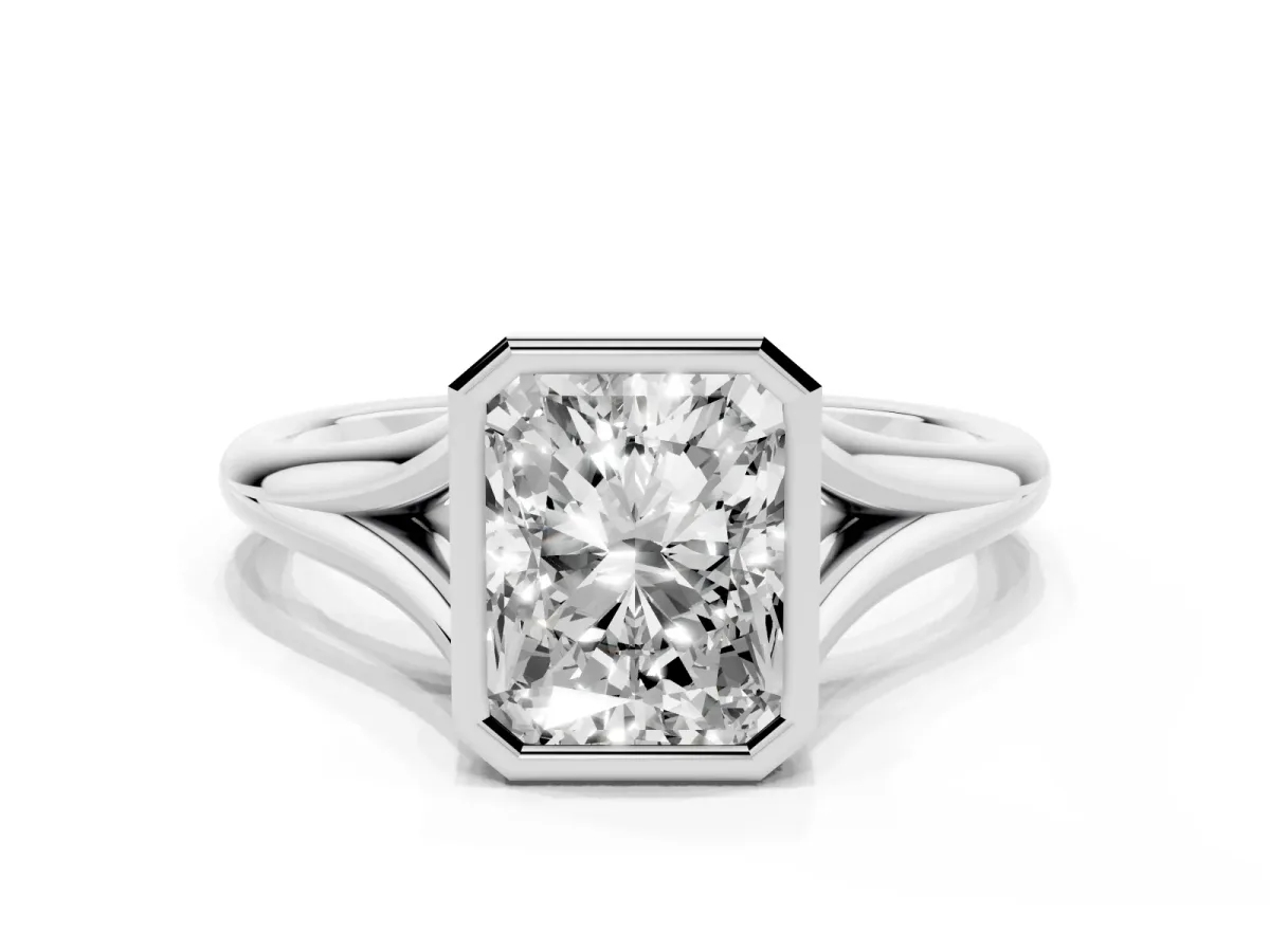 Bezel Set Radiant Cut Cut Solitaire Ring with Tapered Band Silver