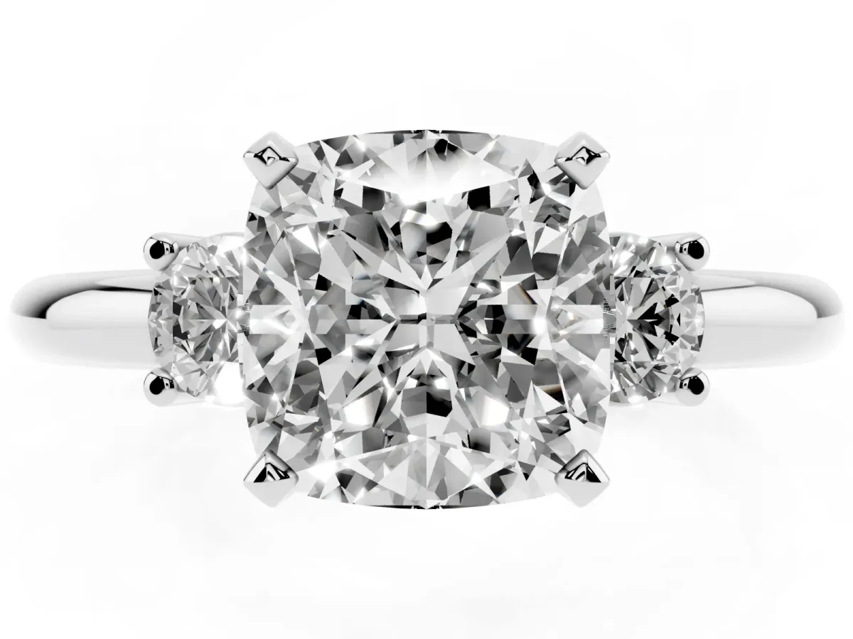 Three-Stone Cushion Cut Cut Diamond Solitaire with Prong Setting and Classic Band White gold