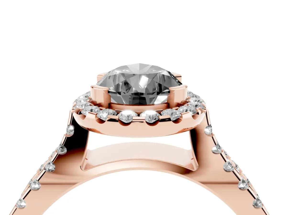 Fancy Black Pear Cut Diamond Halo Ring with Split Shank Pavé Band and Prong Setting Rose gold