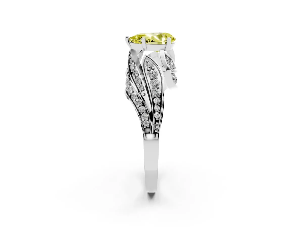 Fancy Yellow Pear Cut Diamond Solitaire Ring with Prong Setting and Twisted Pavé Band Silver