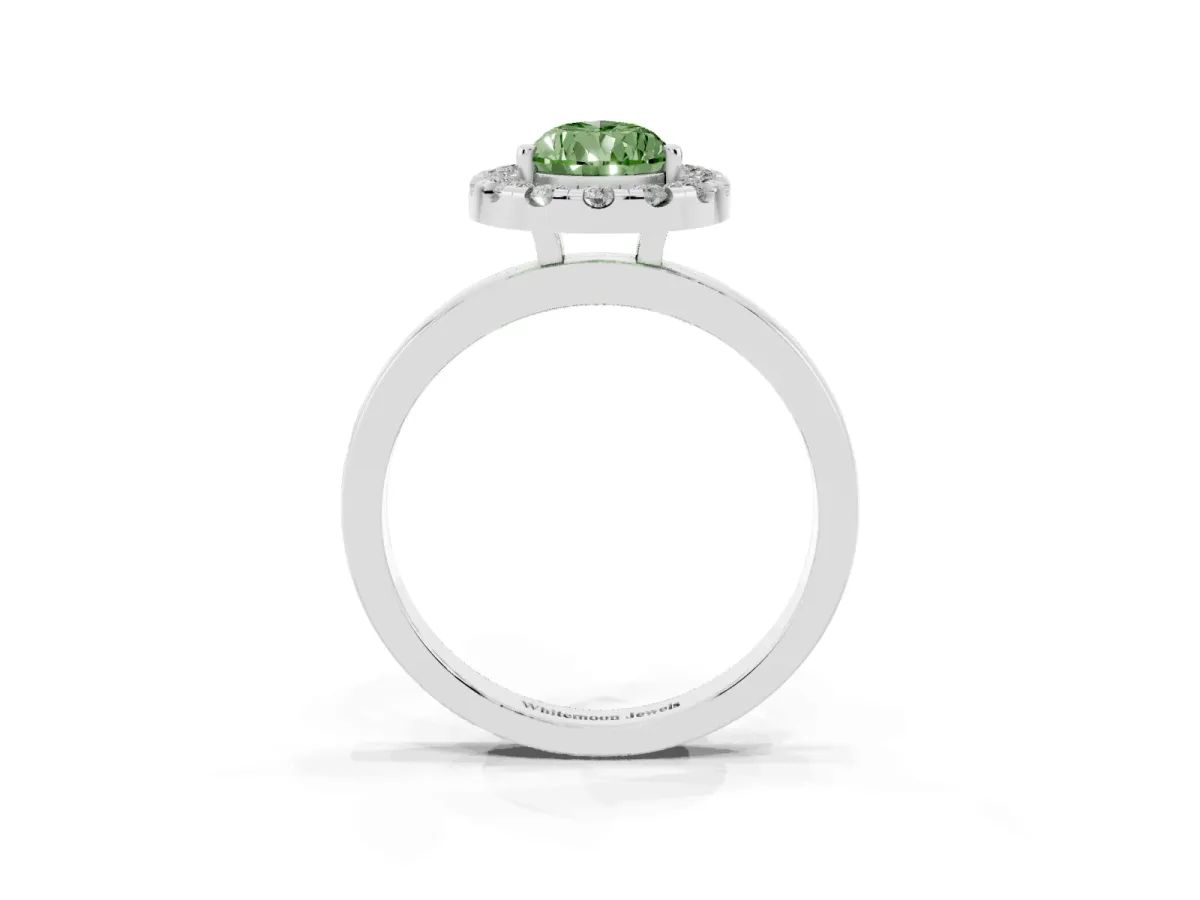 Fancy Green Pear Cut Halo Diamond Solitaire with Pavé Band and Four-Prong Setting Silver