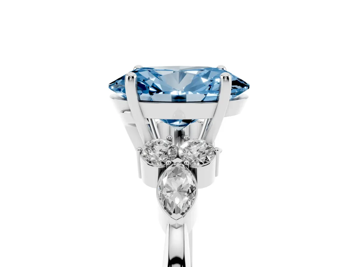 Fancy Blue Oval Cut Brilliant Diamond Solitaire Ring with Pear Side Stones and Four-Prong Setting Silver