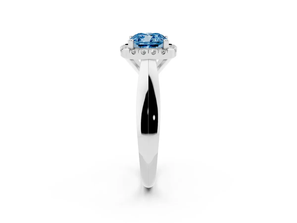 Fancy Blue Cushion Cut Cut Halo Solitaire Engagement Ring with Square Band and Four-Prong Setting White gold