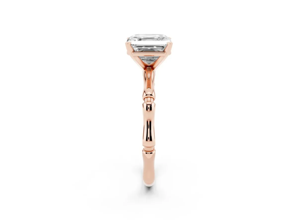 Asscher Cut Solitaire Diamond Ring with Bamboo Band and Four-Prong Setting Rose gold