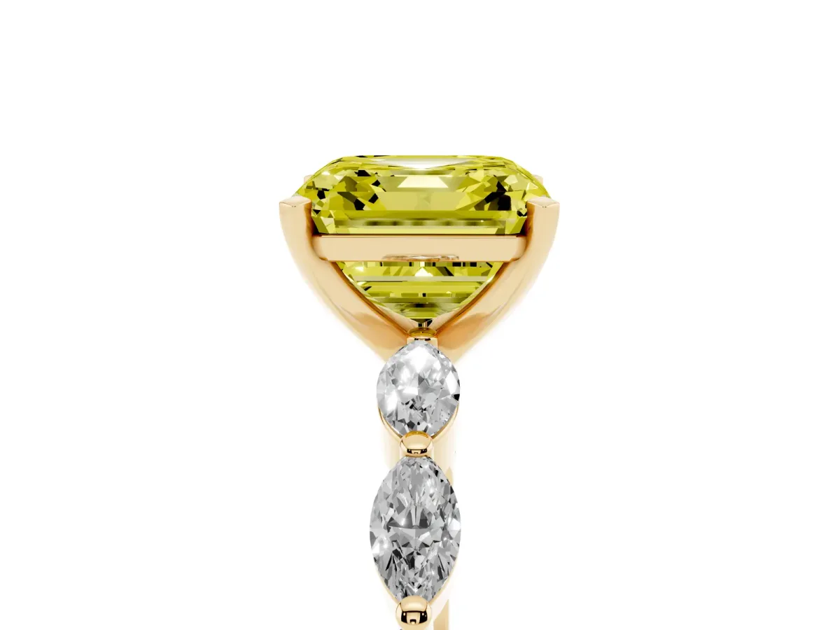 Fancy Yellow Asscher Cut Diamond Ring with Marquise Side Stones and Prong Setting Yellow gold