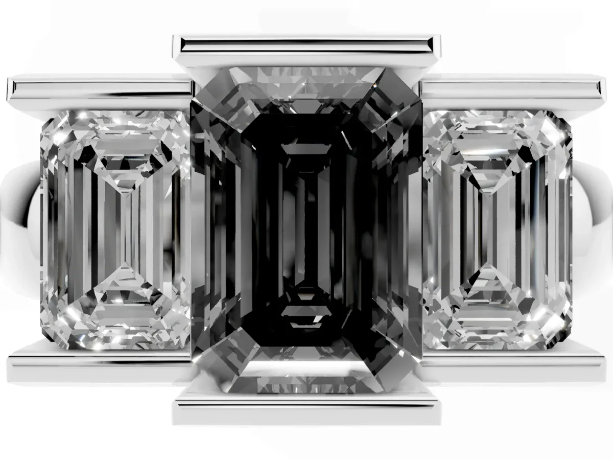 Fancy Black Three Stone Emerald Cut Cut Channel Set Diamond Ring Silver