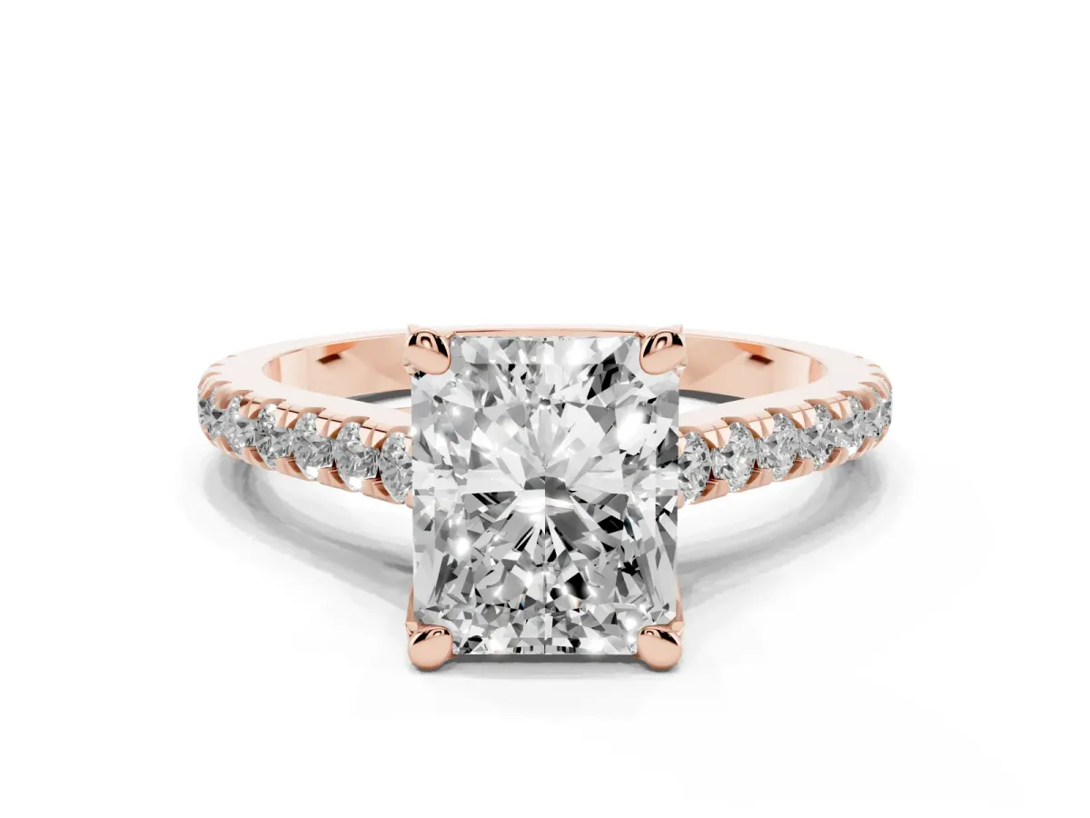 Radiant Cut Brilliant Diamond Solitaire with Pavé Band and Four-Prong Setting Rose gold