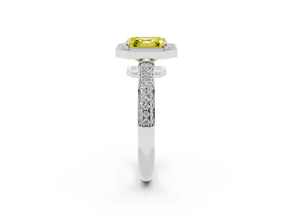 Fancy Yellow Asscher Cut Cut Halo Diamond Pave Band with Four-Prong Setting Silver