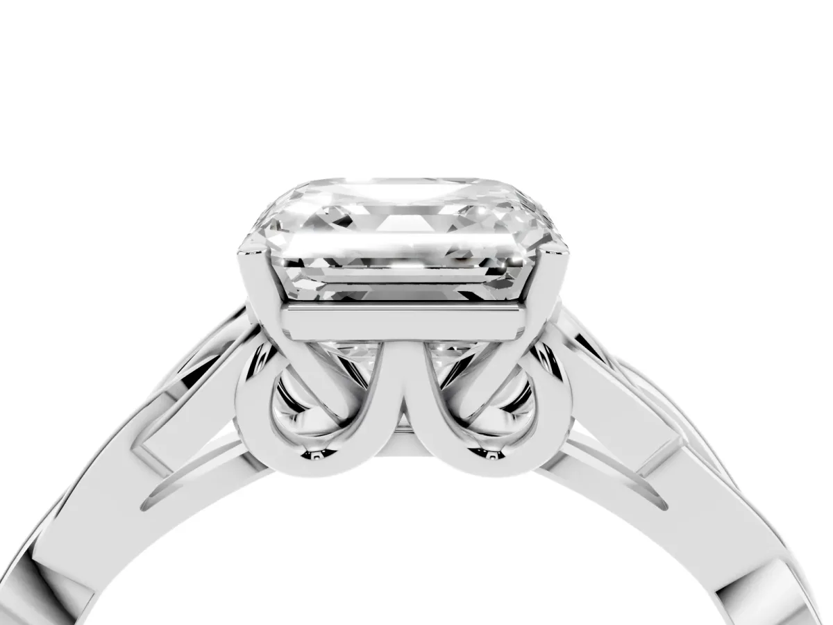 Asscher Cut Diamond Solitaire Engagement Ring with Celtic Knot Band and Four-Prong Setting Platinum