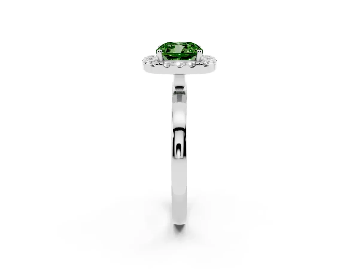 Fancy Green Cushion Cut Halo Diamond Solitaire with Pavé Band and Four-Prong Setting Silver